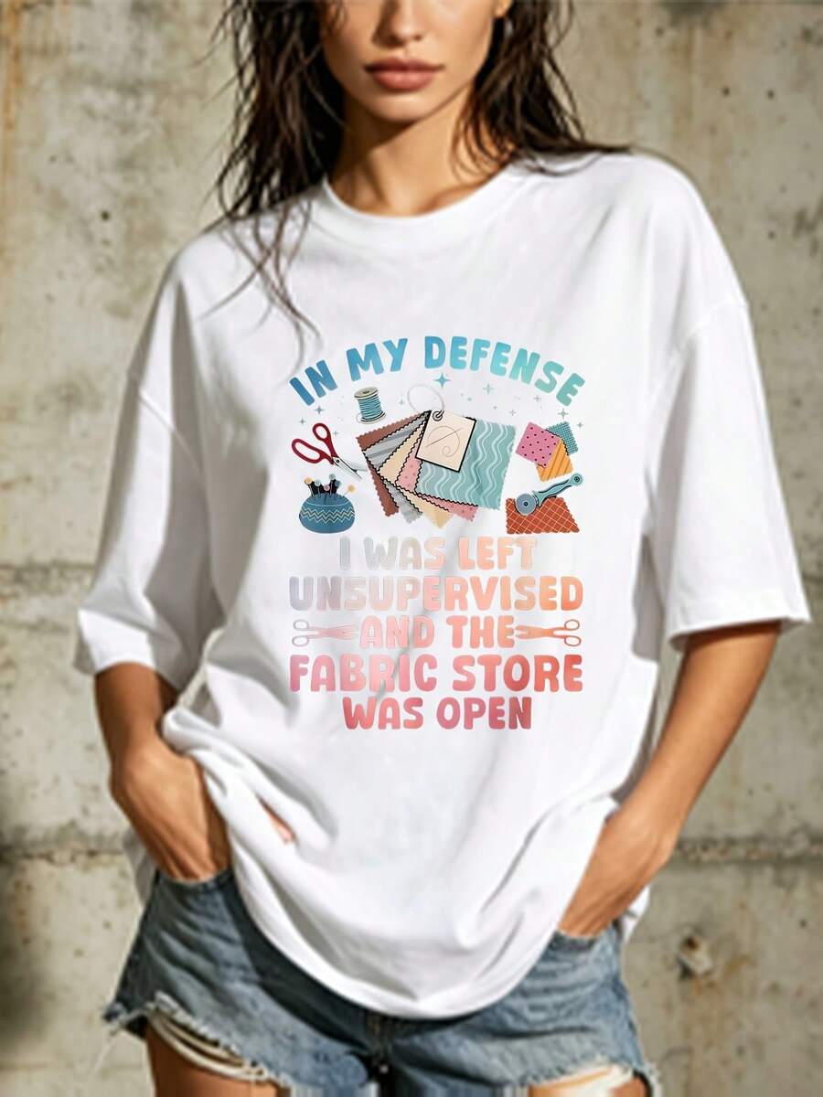 Women's Casual Blouse, Simple Style For Everyday Wear. I Claim I Was Left Unattended, And The Fabric Store Has Released A Fun Printed 180G T-Shirt, Suitable For Family Gatherings, Gifts, Casual Office Blouses For Summer, Women's Printed T-Shirt, Comfortable, Soft, Simple For Everyday Wear, Short Sleeve Top. - 白色 - 查看 1