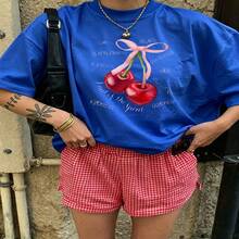Heartfelt Daily Casual Graphic T-Shirt 100% Cotton Oversized Soft Breathable Casual Crewneck Short Sleeve Top Cute Aesthetic Vintage Red Cherry Print For Casual Wearers Fashion Lovers Daily Outfit Enthusiasts Gift Givers - Azul - Ver 2