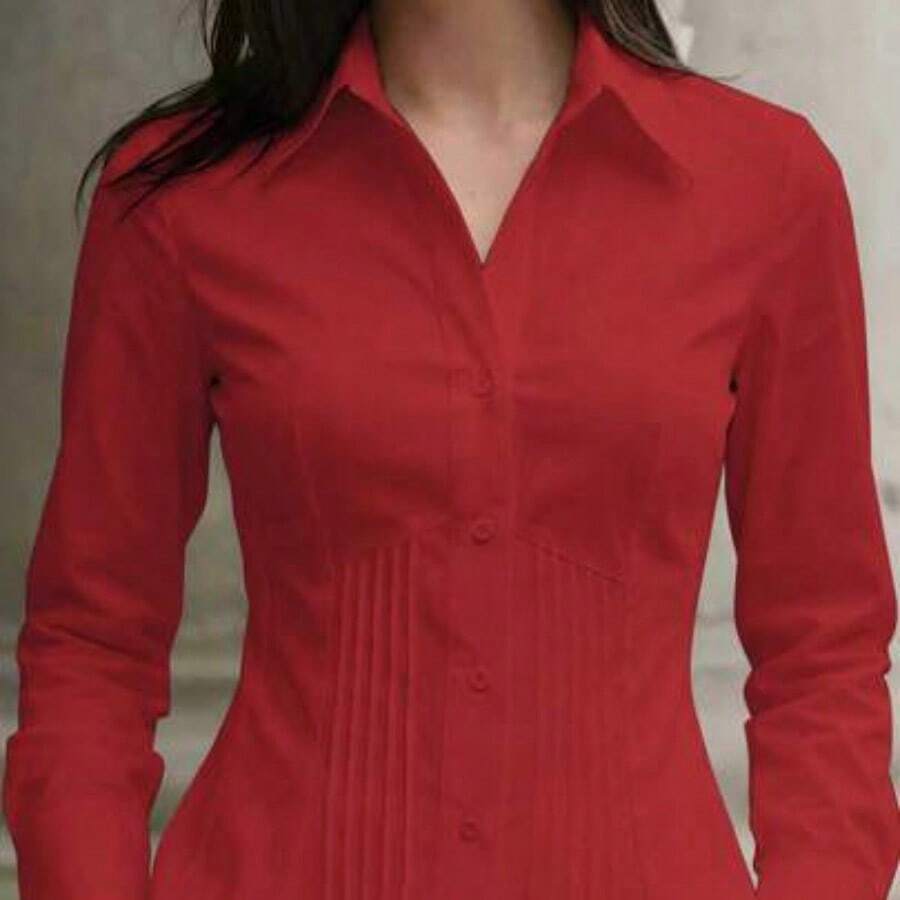 1 pieza Camisa de manga larga de ajuste delgado, elegante y casual con botones de un solo color, adecuada para la oficina, el hogar, el uso diario y las citas, todo el año, color blanco primaveral - Rojo - Ver 1