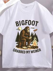 Women's T-ShirtsBigfoot Grabbed My Weiner T Shirt Campfire Sasquatch T-Shirt Bigfoot Camping Tshirt Breathable Casual Round Neck Male Tees - 白色 - 查看 1