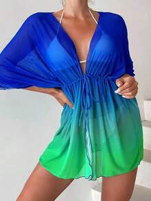 Kimono de ombré de cintura con cordón de manga murciélago de malla - Multicolor 2 - Ver 3
