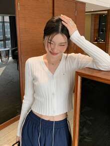夏季新款白色羅紋紋理V領長袖針織開襟衫，甜美少女風修身短版優雅休閒百搭通勤海灘派對，Y2K復古氛圍日常約會針織開襟衫 - 白色 - 查看 2