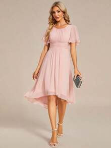 Vestido de dama de honor de gasa con pliegues y mangas con volantes, vestido de noche elegante para invitados de boda en primavera - Rosa Pálido - Ver 4