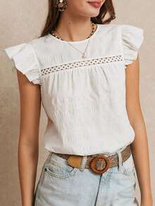 Temporada de vacaciones de verano y de bodas, excelente blusa de unicolor con ribete de volantes, verano, top lindo, elegante y romántico, estilo bohemio chic, estilo casual, esencial, verano, temporada de bodas - Blanco - Ver 2
