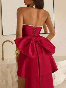 Top bandeau elegante y lujoso con cuello de lazo grande y cadena de perlas, adecuado para bodas, eventos, fiestas, vacaciones, galas - Rojo - Ver 11