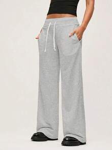 Pantalón de chándal de pierna ancha y cintura baja de unicolor de punto para mujer - Gris - Ver 3