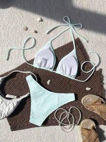 Swim Mod 2026 Spring/Summer Women's Spaghetti Strap Halter Unique Fabric Light Blue Sweet Vacation Side High Cut Bikini Two Pieces Swimsuit - 淺藍色 - 查看 2