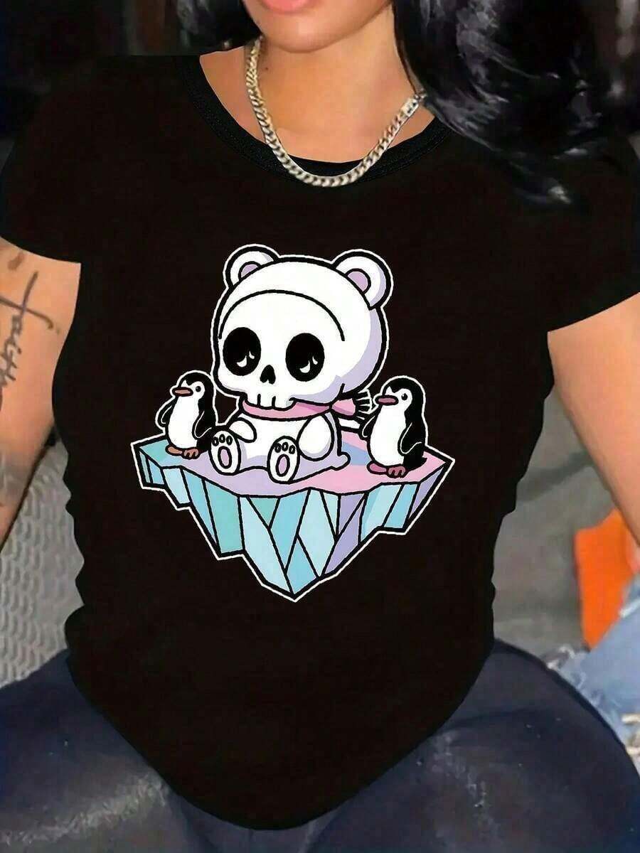 2026 Nueva Camiseta Casual para Mujeres con Mangas Cortas Impresas y Cuello Redondo, con Tela Micro Elástica. Ideal para primavera/verano, esta cómoda camisa presenta personajes de animales de dibujos animados en relieve y el alfabeto, lo que la hace un regalo encantador.-Vintage Street Style Unisex Loose Cotton Short Sleeve Crew Neck T-Shirt - Negro - Ver 1