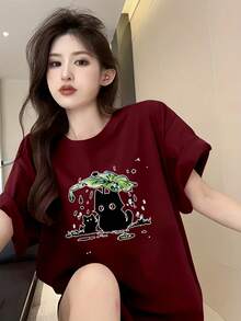 Women's Short Sleeve T-Shirt, Summer Cartoon Print, Fashionable And Modern Design, Sheer Short Sleeve T-Shirt, Short Sleeve T-Shirt Top, Slim Fit T-Shirt Top #3333 - 酒紅色 - 查看 4