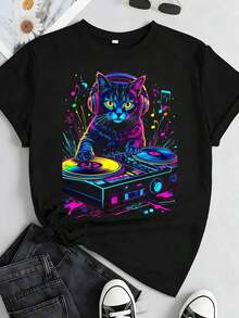 Men's Pure Cotton T-Shirt With Cat Graphic Design, DJ Techno EDM Rave Style, For Cat Lovers - Black 2 - View 3