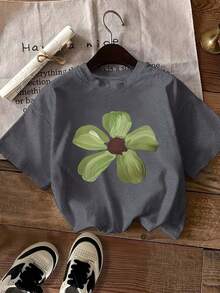 Plus Size Women's Casual Short Sleeve Crew Neck T-Shirt - Vibrant Green Floral Print, Breathable And Machine Washable, Comfortable Fit Top For All Seasons, Easy Care Clothing, Artistic Print, Non-See-Through Fabric - 深灰色 - 查看 6