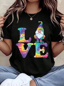 Gnome Tie Dye Love Print T-Shirt, Summer Casual Wear, 220g Women's T-Shirts - 黑色 - 查看 8