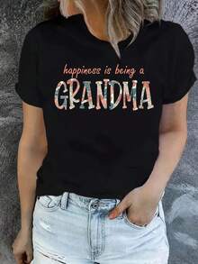 Vintage, Retro, Y2K - Women's Pure Cotton T-Shirt "Happiness Is Being A Grandmother" - Soft, Stretchy, Crew Neck T-Shirt With A Grandma Slogan, Suitable For All Seasons And Casual Wear - Machine Washable, A Gift For Grandma - Maternity, Summer, Winter - 黑色 - 查看 1