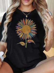 Women's Round Neck Short Sleeve T-Shirt, Fun Colorful Sunflower Pattern Print, Black T-Shirt For Women, Casual Style, Short Sleeve, Boho Style, Graphic T-Shirt, Summer Clothes, Fashion T-Shirt, Suitable For Valentine's Day, Christmas Parties, Sports Activities, Holiday Parties, Outings, Sports And Other Festive Gifts (220g). - 黑色 - 查看 1