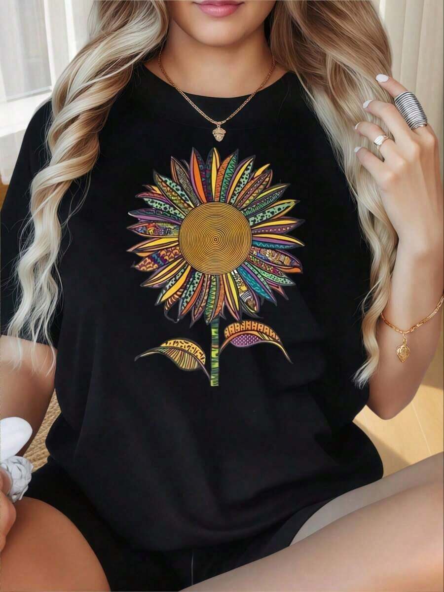 Women's Round Neck Short Sleeve T-Shirt, Fun Colorful Sunflower Pattern Print, Black T-Shirt For Women, Casual Style, Short Sleeve, Boho Style, Graphic T-Shirt, Summer Clothes, Fashion T-Shirt, Suitable For Valentine's Day, Christmas Parties, Sports Activities, Holiday Parties, Outings, Sports And Other Festive Gifts (220g). - 黑色 - 查看 1