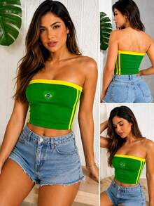 Women's Sleeveless And Strapless Cropped Top With Brazilian Flag Detail In Medium-Stretch Fabric. - 綠色 - 查看 3