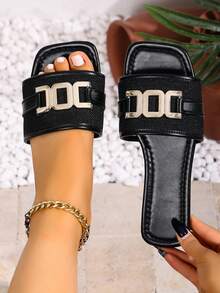 2026 Spring/Summer New Embroidered Geometric Pattern Square Toe Flat Sandals, Multi-Color Options, Bohemian Beach Vacation Commute Versatile Comfortable Daily Wear Women Shoes - Black - View 4