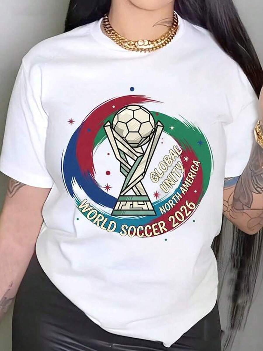 Camiseta de manga corta con cuello redondo y estampado para mujer Unidad Global Fútbol Mundial 2026 Norteamérica S-3XL moda, cómodo y transpirable unio lavable a máquina