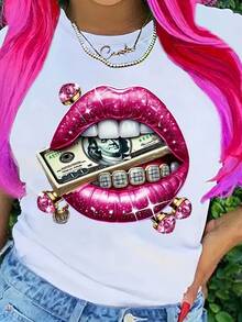 Short-Sleeved T-Shirt With Graphic Print Of Pretty Lips, Diamonds, Gems And Dollars, Casual Round Neck Top For Spring And Summer, Women's Clothing. - 白色 - 查看 1