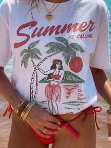 Camiseta de manga corta con cuello redondo y estampado gráfico de estilo vacacional y con eslogan de verano para mujer, top casual versátil adecuado para uso diario y vacaciones 2026 - Blanco - Ver 1