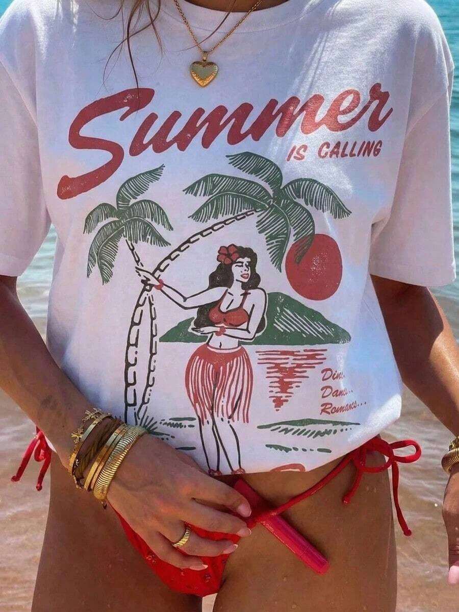 Camiseta de manga corta con cuello redondo y estampado gráfico de estilo vacacional y con eslogan de verano para mujer, top casual versátil adecuado para uso diario y vacaciones 2026 - Blanco - Ver 1