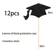 12pcs/24pcs 2026 Graduate Black Glitter Graduation Cap Cupcake Toppers & Wrappers Set, Suitable For Decorating Cakes And Cupcakes At Graduation Ceremony - Black Graduation Cap - View 6