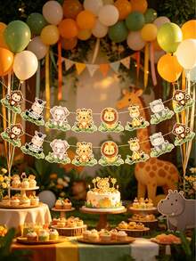 1 Set Jungle Animal Hanging Flags, Jungle Animal Theme 1st Birthday Party Paper Wreath Garland Banner, Baby Shower Party Backdrop Decor, Wild One Boy Birthday Party Supplies, Wall Decor, Home Decor, Baby Shower Party Decorations, 1st Birthday Decorations, Gender Reveal Party Decor, Farm Animal Birthday Party Decorations, Baby Shower Party Supplies, Photography Props, Baby Shower Gifts, Jungle Animal Decor - Jungle Animals - View 8