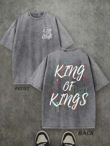 Camiseta Retro Lavada con Estampado a Doble Cara (Camiseta de 230 g de Algodón Puro) con Estampado de Letras y Corona 'YHWH REY DE REYES', Camiseta para Hombre, Casual, Cómoda, a la Moda, Estilo Urbano de Algodón - Gris - Ver 7