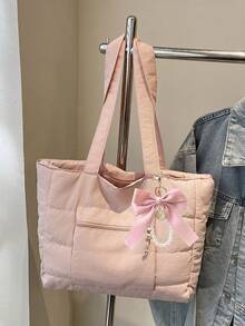 Simple Solid Color New Popular Quilted Tote Bag In Spring And Summer, Lightweight, Practical And Large Capacity With Body Patch Pockets, Shoulder Bag, Zipper Switch, Double Shoulder Straps, High-Value Armpit Bag, Suitable For Commuting To Work, School, Class, Shopping And Storage - Pink - View 8