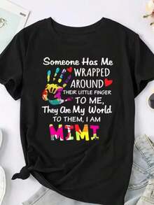 Camiseta Gráfica Mimi para Mujer - Casual, Cómoda, Corte Holgado, Transpirable con Diseño de Corazón y Huella de Mano Colorida, Lavable a Máquina - Perfecta para Todas las Temporadas - Negro - Ver 1
