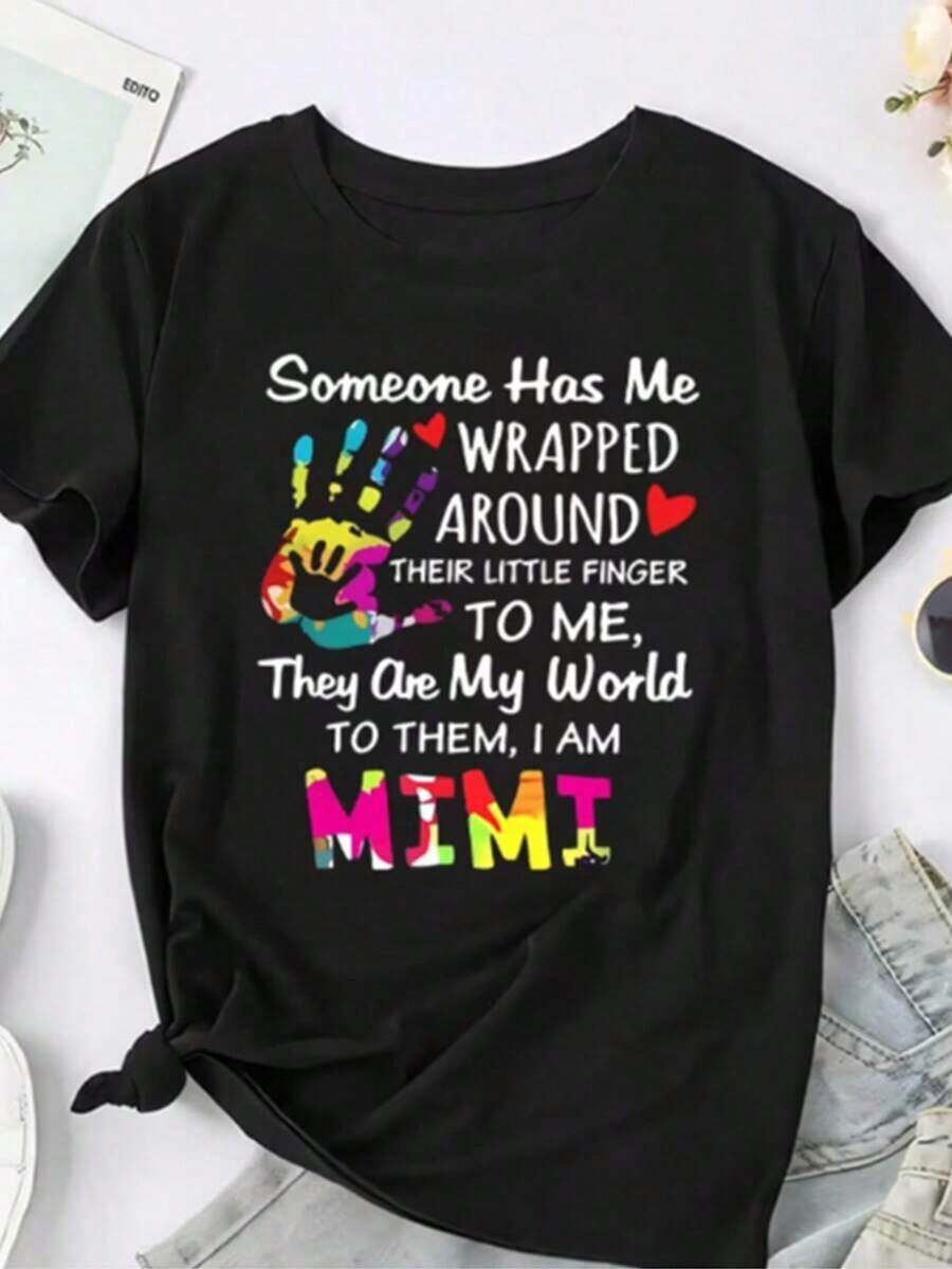 Camiseta Gráfica Mimi para Mujer - Casual, Cómoda, Corte Holgado, Transpirable con Diseño de Corazón y Huella de Mano Colorida, Lavable a Máquina - Perfecta para Todas las Temporadas - Negro - Ver 1