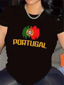 Women's Lightweight Summer Short-Sleeve T-Shirt With Vibrant Portugal Flag Print - Casual, Stylish, And Breathable Polyester T-Shirt For Sports And Leisure. | Flag Print T-Shirt | Non-Transparent Material: Cotton T-Shirt. Ideal Gift. - 黑色 - 查看 3