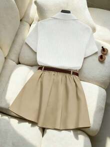 Conjunto de 2 piezas de camisa de manga corta a rayas y falda plisada de estilo casual de verano - Multicolor - Ver 2