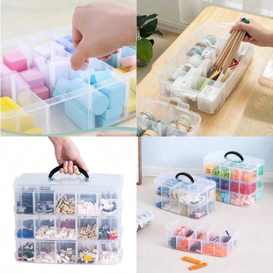 Sooyee - Caja de almacenamiento de 3 capas con 30 compartimentos ajustables para organizar cinta washi accesorios de bordado bobinas de hilos juguetes para niños esmalte de uñas joyas grande - Rojo - Ver 1