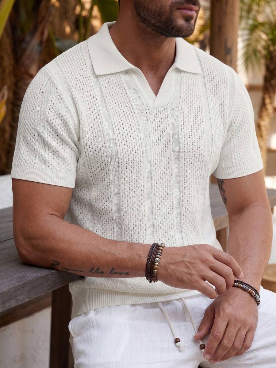 T-shirt col POLO à manches courtes en maille texture mesh ajourée, blanc, style business décontracté polyvalent pour homme et unisexe, top pull pour le printemps/été, l'aller-retour au travail et les vacances