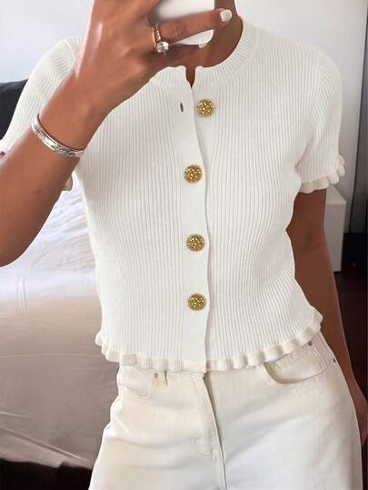 Women's Summer Buttoned Ear Design Beige Knit Top, Elegant Casual Short Sleeve Knit Sweater, Suitable For Dates And Daily Wear