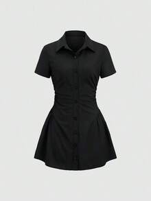 Vestido camisero ajustable a la cintura, moda femenina casual y sexy de mini longitud - Azul - Ver 6