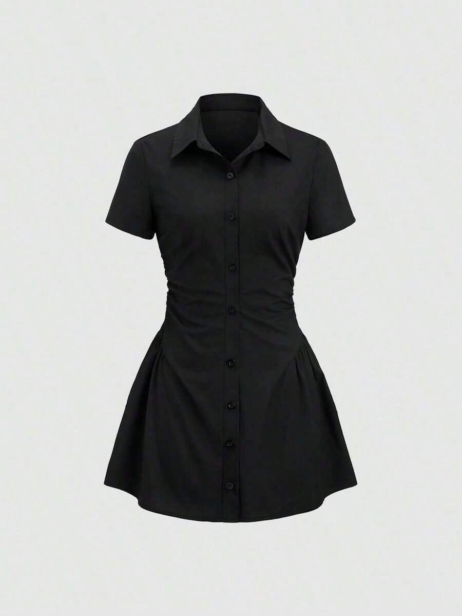 Vestido camisero ajustable a la cintura, moda femenina casual y sexy de mini longitud - Negro - Ver 1