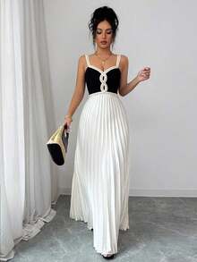 Vestido plisado de línea A con cintura ceñida, cuello en V sin mangas y contraste de colores, vestido elegante y romántico delicado para mujeres, temporada de bodas, fiestas, con decoración de ribete floral - Multicolor - Ver 7