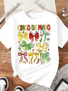Women's Cinco De Mayo T-Shirt, Black, Colorful Bow And Chili Pepper Print, Women's Casual Wear, Spring/Summer, Mexico Celebration >Clothing - 白色 - 查看 3