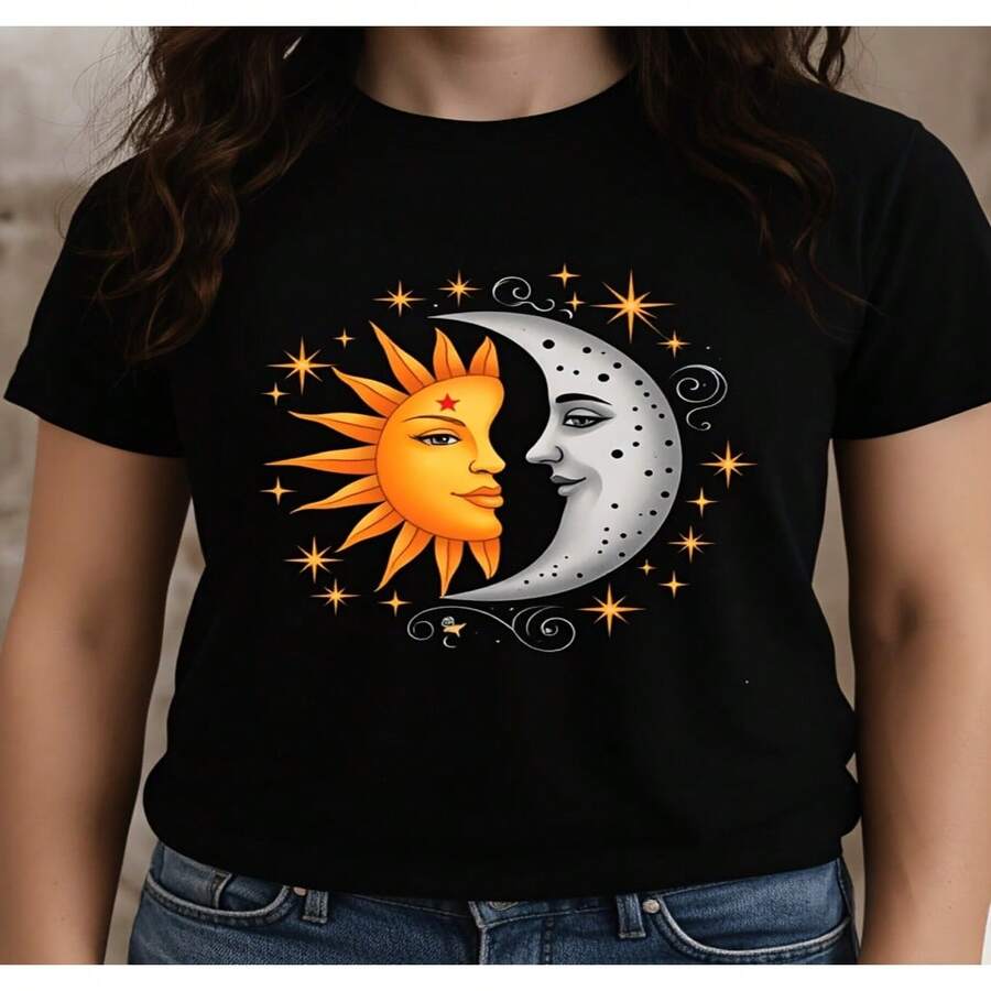 Camiseta casual de mujer One Piece con Diseño de sol y luna para uso diario, tema celestial 2D, blusas bonitas para mujer, camiseta de mujer de Diseño holgado casual, holgada y ligeramente extendida S-XXXL - Negro - Ver 1