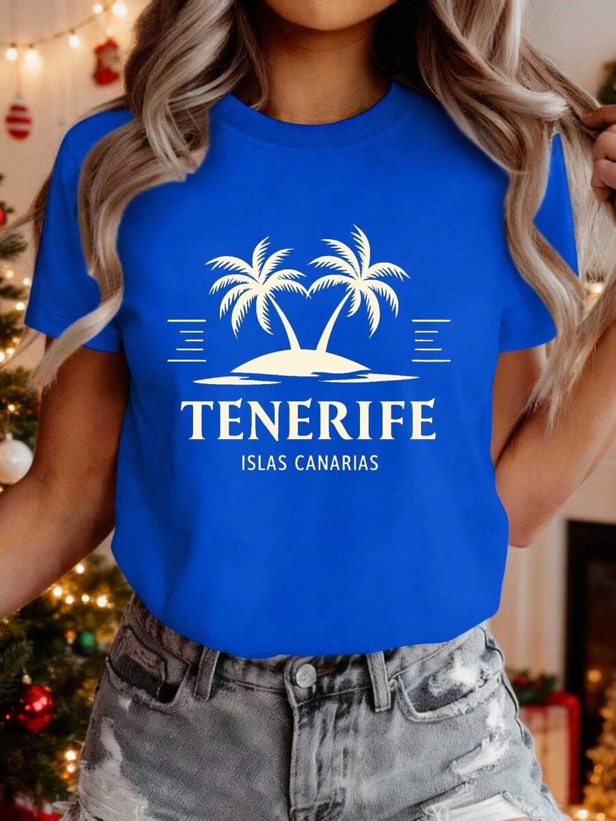 Women's Cotton T-Shirt With A Simple And Versatile Design, Authentic With A Print Of The Tenerife Palm Tree - Colors Of The Spanish Flag With The Logo Of The Canary Islands, Casual Short-Sleeved T-Shirt With Tenerife Text, Suitable For All Seasons, Ideal For Souvenirs Of Holidays In Spain And Everyday Use. - 藍色 - 查看 1