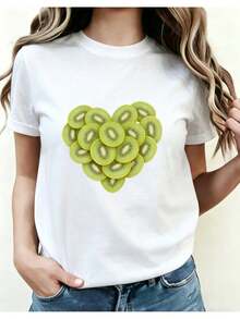 Women's Short-Sleeved T-Shirt With Creative Kiwi Heart Print, Round Neck, Slim Fit, Ideal For Casual Wear On Daily Outings, Meetings And Parties, With A Unique Fruit Graphic Design, Perfect For All Seasons. - 白色 - 查看 7