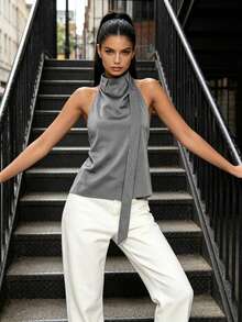 Womens Halter Tank Tops Summer Fashion Solid Color Mock Neck Backless Going Out Vest - 灰 - 查看 3