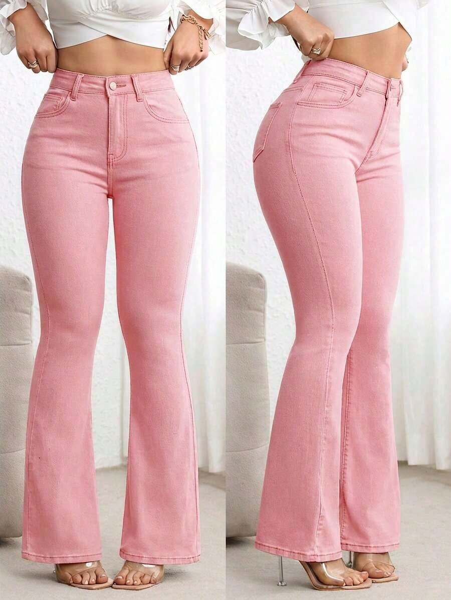 Jeans de mezclilla casual con bolsillo frontal y cierre de botones, para uso diario - Rosa - Ver 1
