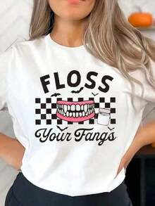 1 pieza, 2026, Camiseta de verano para mujer, nueva, con estampado sencillo, informal, para asistente de higienista dental, técnico, Halloween, "Floss Your Fangs", cuello redondo, blanca, de manga corta, camisetas gráficas de moda para uso diario, ropa de vacaciones, camisetas gráficas, tops de verano, camisetas, camisa blanca, tops de verano, top, tops adecuados para primavera, verano y otoño, . - Blanco - Ver 6
