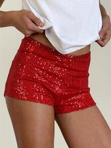 Pantalones cortos de cintura baja con lentejuelas Y2K para mujeres y pantalones cortos bodycon brillantes y elásticos para fiestas y clubes - Rojo - Ver 1