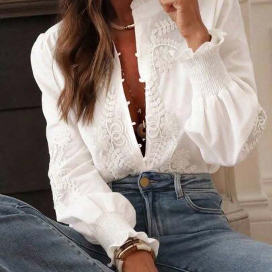 Camisa casual de vacaciones con bordado floral estampado y aplicación bordada acanalada blanca de primavera - Blanco - Ver 1