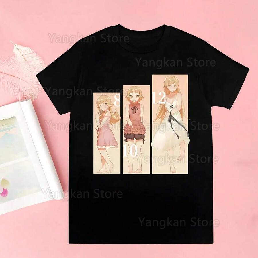 Camiseta Bakemonogatari Oshino Shinobu para Mujer, Camiseta Kawaii de Dibujos Animados, Punk, Divertida, Hip Hop, Unisex, Streetwear, Ropa Harajuku - Negro - Ver 1