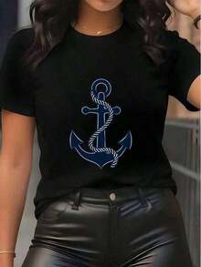 Top de Verano 2026 para Mujer con Estampado de Ancla Náutica - Camiseta de Temática Marítima en Blanco y Azul Marino, tela suave y transpirable, adecuada para la playa, paseos en barco y uso casual diario - Regalo para marineras, camiseta para cruceros, ropa para paseos en barco, con detalles de nudos, camiseta ligera, camisa elegante, top casual holgado y cómodo para entusiastas del estilo marinero - Top de verano holgado y cómodo, ropa de verano para mujer, ropa de primavera para mujer. - Negro - Ver 7